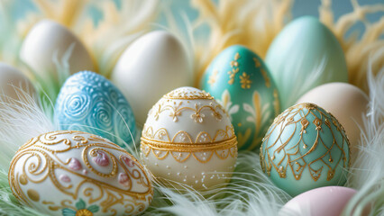 Fototapeta premium Colorful decorated Easter eggs arranged on soft feathers