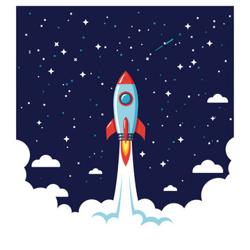 Cartoon rocket ship blasting off into starry night sky with clouds and smoke