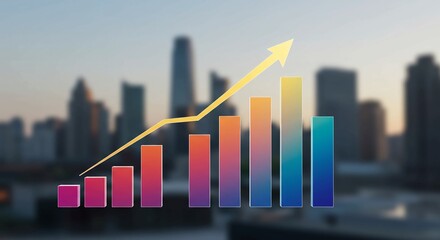 A vibrant bar chart with a rising arrow symbolizing financial growth and success against a blurred city skyline.