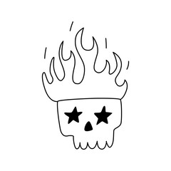 Hand-Drawn Flaming Star-Eyed Skull Line Art Icon Illustration