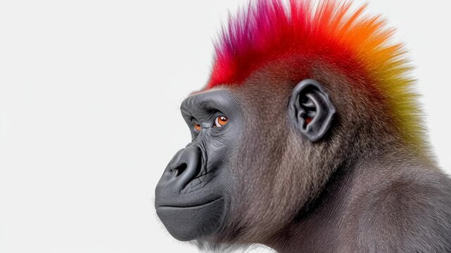 Colorful gorilla with vibrant rainbow mohawk hairstyle, showcasing a striking profile against a clean background, capturing the essence of individuality and creativity in animal expression