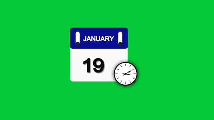 January month 19 date calendar icon  animation with clock  on transparent background. Calendar icon January 19 HD animation. January month 19 calendar date black screen.