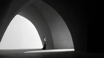 A lone figure walks through a colossal, curved archway, shadowed interior leading to bright light at the opening.