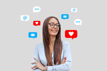 Portrait of a young woman in glasses with social media icons, message, email, like, mail