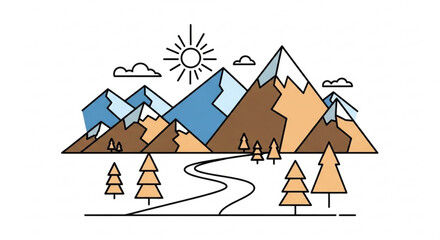 Illustration of a mountain range with a winding road, trees, sun, and clouds