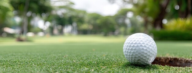 Golf ball positioned near the hole on a lush green course with soft sunlight filtering through trees in the background during an afternoon game