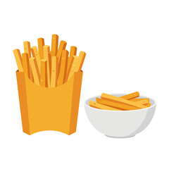 Crispy golden french fries served in a classic orange carton and a white bowl on a white background