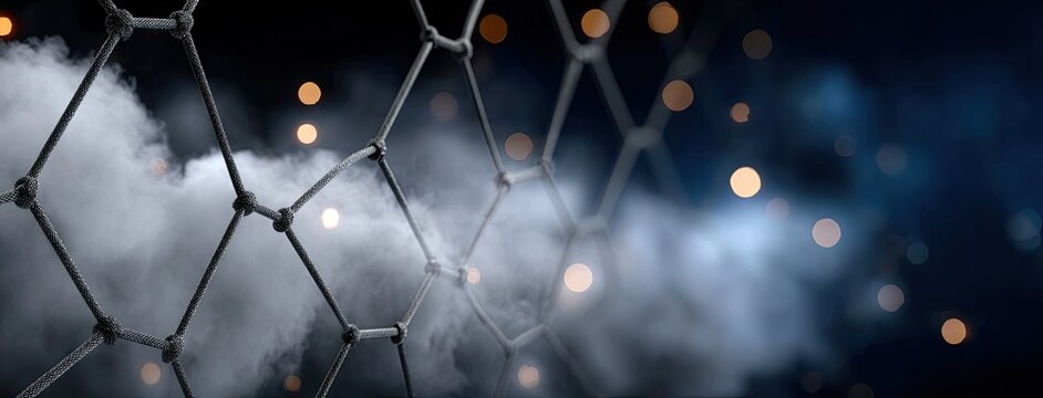 Visual representation of a hexagonal mesh with fog and blurred bokeh lights in a dark background, creating a sense of depth and dimension