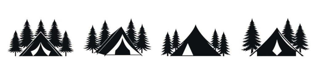 Obraz premium Camping tent with pine tree silhouette vector set for outdoor adventure.