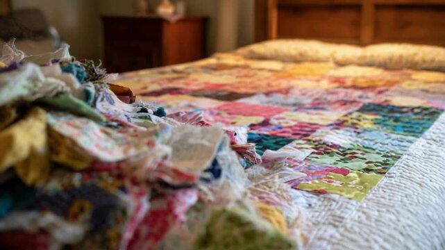 Patchwork quilt on a bed with a pile of colorful fabric scraps in the foreground.