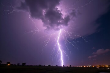 Velvet thunder, Striking lightning from dark storm clouds, dynamic, purple and black, raw power of nature