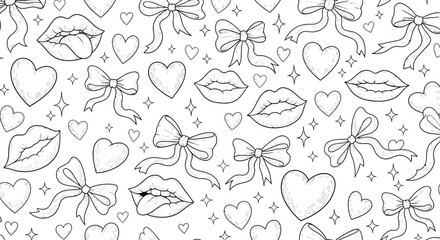 Decorative Vector Pattern with Lips Bows Hearts and Sparkle Elements in Outline Style