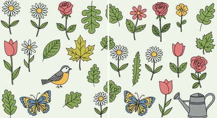 Seamless Vector Pattern with Daisy Flowers Butterfly and Bird Illustration Hand Drawn Style