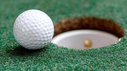 Golf ball inches from hole on a putting green during sunny day in a local golf course