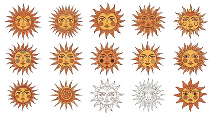 Sun Face Vector Illustration Set with Orange Rays Hand Drawn Celestial Design and Vintage Style