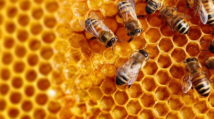 A Close-Up View of Honeybees Pollinating Flowers and Creating Honeycomb in Golden Wax Frames