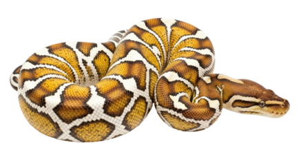 Isolated Ball Python curled up, a constrictor with a distinctive pattern on its scales