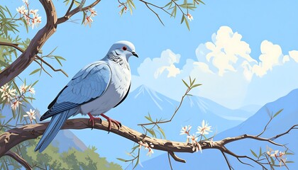 Dove perched on branch, mountain backdrop