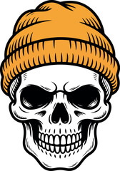 Skull wearing orange beanie winter hat grunge tattoo art vector