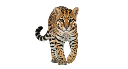 Isolated ocelot walking towards camera on plain backdrop, spotted coat and striped tail