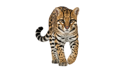 Isolated ocelot walking towards camera on plain backdrop, spotted coat and striped tail