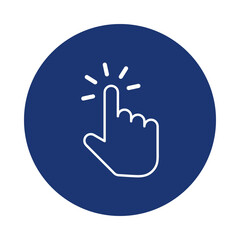 Blue circle icon with white outline of a finger clicking