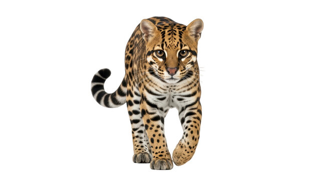 Isolated ocelot walking towards camera on plain backdrop, spotted coat and striped tail