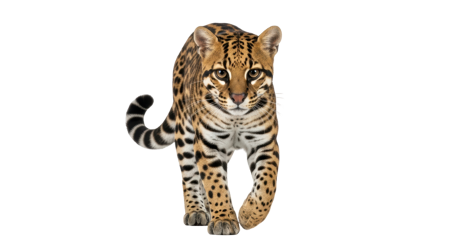 Isolated ocelot walking towards camera on plain backdrop, spotted coat and striped tail