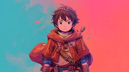 male anime character with sword on colored background