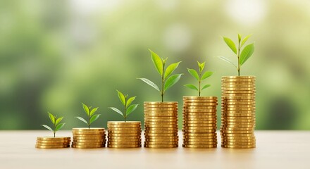 Growing stacks of gold coins with sprouting plants.