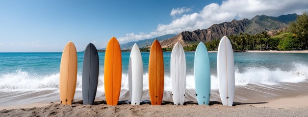 Colorful surfboards lined up on the beach against a backdrop of mountains and ocean on a sunny day