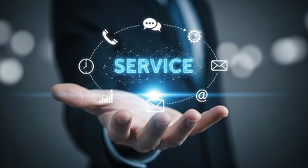 Businessman holding service word with icons of communication, support, and assistance in hand