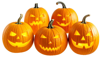 Scary Halloween jack-o'-lantern with a creepy carved smile on an orange pumpkin isolated on white background.