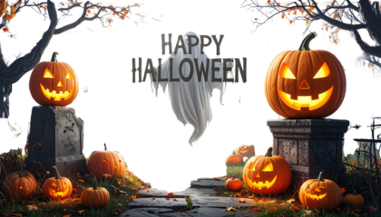 Vector jack-o'-lanterns, pumpkins, and a carved face create a spooky Halloween and autumn holiday background.
