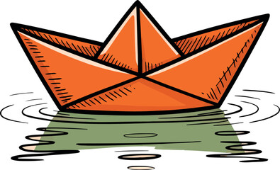 Origami paper boat floating on water ripples artistic drawing vector