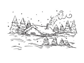 Winter landscape line art illustration. Contour drawing. Christmas invitation, poster or card design.