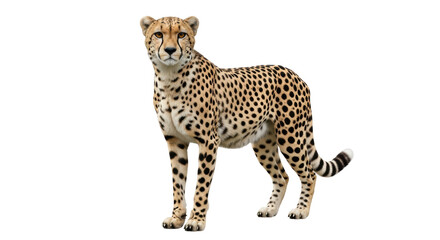 Isolated cheetah looking at camera, standing alert and ready for action, wildlife conservation