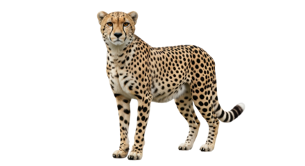 Isolated cheetah looking at camera, standing alert and ready for action, wildlife conservation