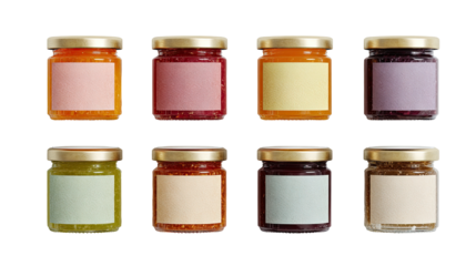 Small glass jars, filled with assorted preserves,  gold lids, colorful labels