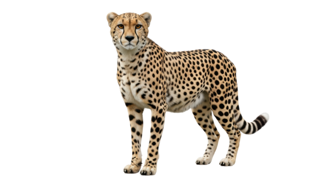 Isolated cheetah looking at camera, standing alert and ready for action, wildlife conservation