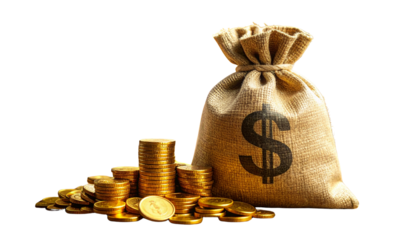 A burlap sack overflowing with money, a festive gift of wealth, a financial business object on white background.