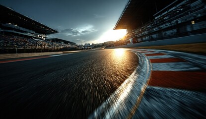 Race track scene with blurred motion, spectators, and golden hour sunlight