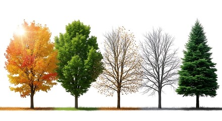 Row of five trees depicting the four seasons, isolated on white background