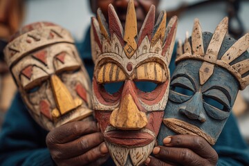 Person holding three intricately carved wooden masks with unique designs and colors