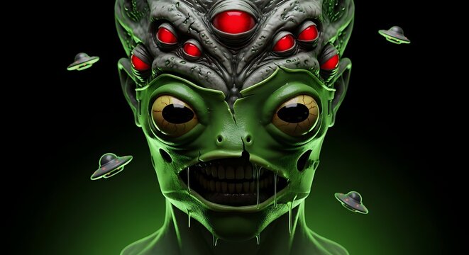 Close-up of a grotesque alien head, adorned with multiple red eyes and a menacing grin, set against a backdrop of flying saucers.