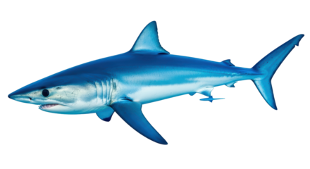 Isolated Mako Shark swimming, blue toned predatory fish, facing left, open mouth, sharp teeth