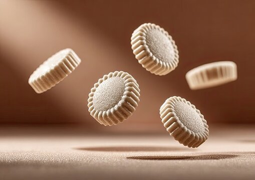 Light beige round cookies or candies in mid-air against a beige background