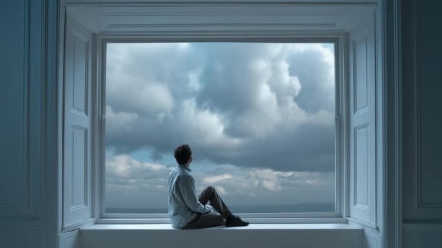 A person sits on a white window ledge, gazing at a cloudy sky from inside a bright room.