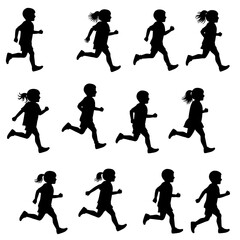 Silhouette of diverse children running in a line depicting motion and childhood activity