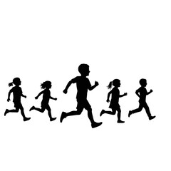 Silhouettes of diverse children running together in a unified group representing childhood activity and movement